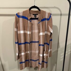 Tan Plaid Cardigan with Blue Stripes